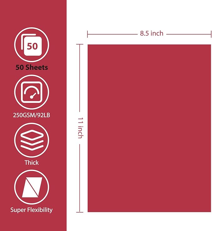 OcePor 50 Sheets Valentine's Day Red Cardstock Paper, Colored Printer Paper 8.5 x 11, Card Stock Thick Construction for Craft,Scrapbook，Office Printing, Invitations, Certificates，92 lb/250gsm