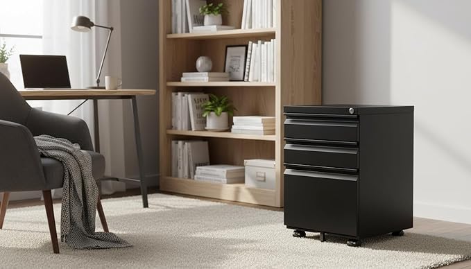 Black Metal 3-Drawer Mobile File Cabinet with Lock, Letter/Legal/A4 Filing Drawer, Rolling Office Storage with 5 Casters, Fits Under Desk, 15.35" W x 17.71" D x 23.62" H