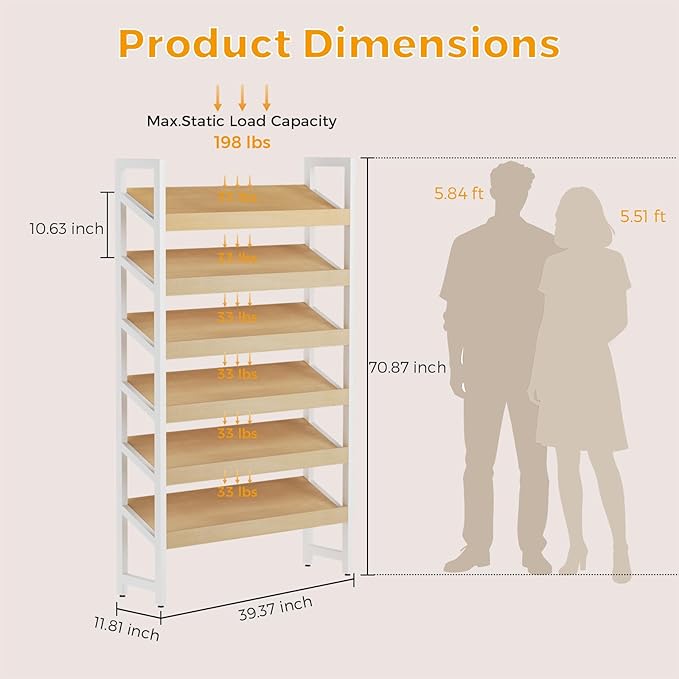 6-Tier Floor Standing Magazine Rack, Modern Literature Display Stand, Heavy Duty Steel Display Shelf with 38° Slant & 2.75" Lip, for Office/Airport/Bookstore/Library, 39"L x 12"W x 71"H (White)