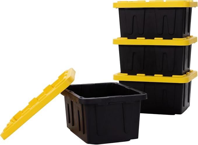 Plastic 5-Gallon Storage Tote with Lockable Lid, Stackable Tough Regular-Duty Bin for Garage, Tools, and Home Organization (4-Pack) - Black and Yellow