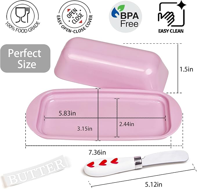 Butter Dish with Lid and Knife, Durable Countertop & Fridge Butter Keeper, Melamine Butter Container Valentine’s Kitchen Gift, Heart Design - Pink