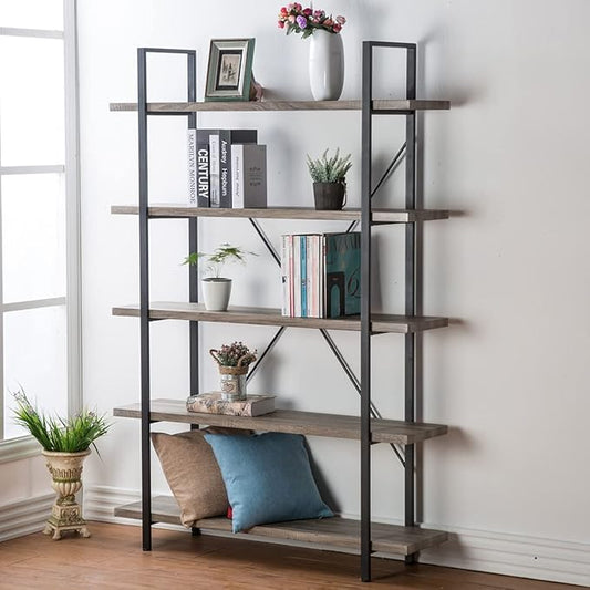 HSH 5-Shelf Vintage Industrial Rustic Bookshelf, 5 Tier Wood and Metal Bookcase, Open Etagere Book Shelf, Farmhouse Wooden Bookshelves, Light Grey Oak