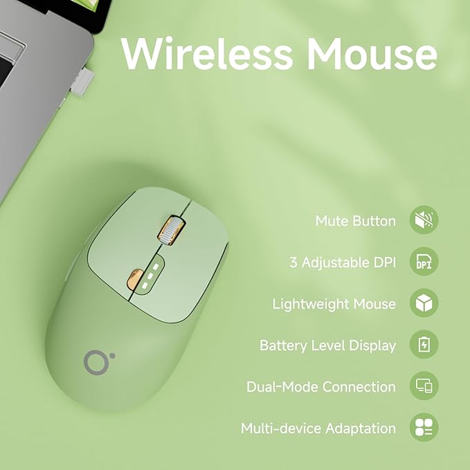 EWEADN Q5 Wireless Mouse, Bluetooth & 2.4G Quiet Computer Mouses with 1600 DPI, Battery Level Display, Ergonomic Office Mouse,6 Button Portable Cute Cordless Mice for Laptop/PC/Mac- Green