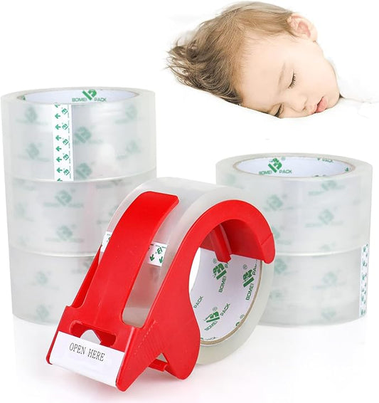 BOMEI PACK No Noise Quiet Clear Packing Tape, Heavy Duty Packaging Tape, Refill Rolls for Sealing Packing and Shipping, 2.4Mil 1.88Inch 55Yards 6rolls, with Free Dispenser