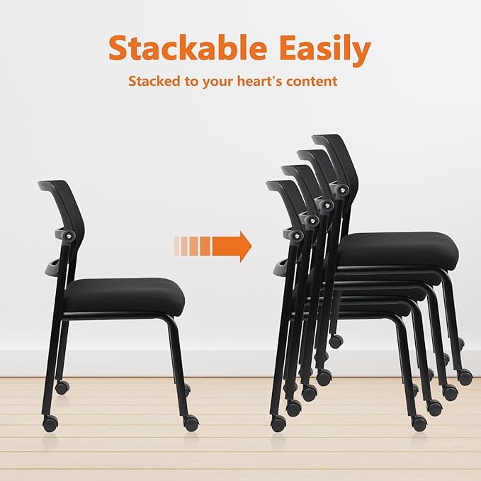 CLATINA Stacking Armless Office Waiting Room Chair with Wheels, Stackable Mesh Guest Reception Desk Chairs with Adjustable Backrest for Conference Lobby Side School, Black, 4 Pack