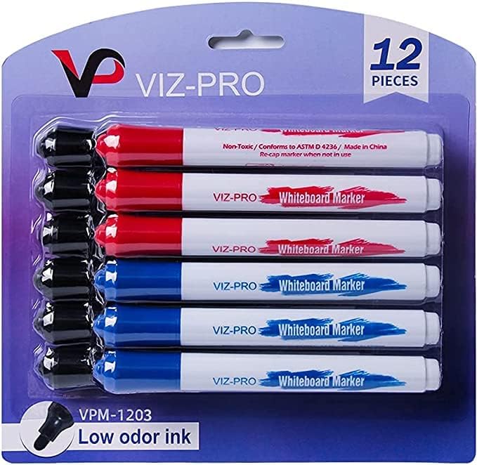 VIZ-PRO Dry Erase Markers Fine Bullet Tip, 3 Assorted Colors, 144 Pcs Low-Odor Whiteboard Pens
