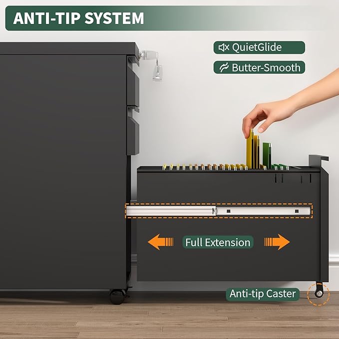 3 Drawer File Cabinet with Lock,Under Desk Rolling Small Filing Cabinet for Home Office Storage,Mobile Steel Cabinets with Wheels,Fully Assembled,Black