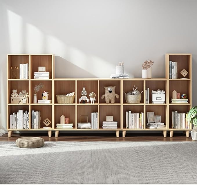IOTXY Open Cube Low Bookcase - 3-Tier Freestanding Storage Display Cabinet Organizer with Legs for Home Office, 11-Cubes Open Shelf Short Bookshelf, Oak