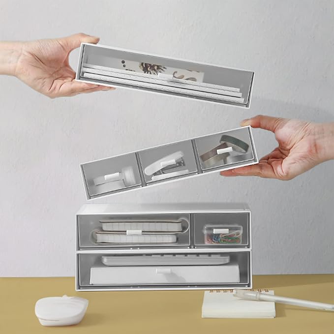 Desk Organizer-3 Tier Stackable Storage Drawers with 6 Compartments White Compact Desk Storage Drawers Great for Makeup Storage Bathroom Organization Accessories Etc (White)