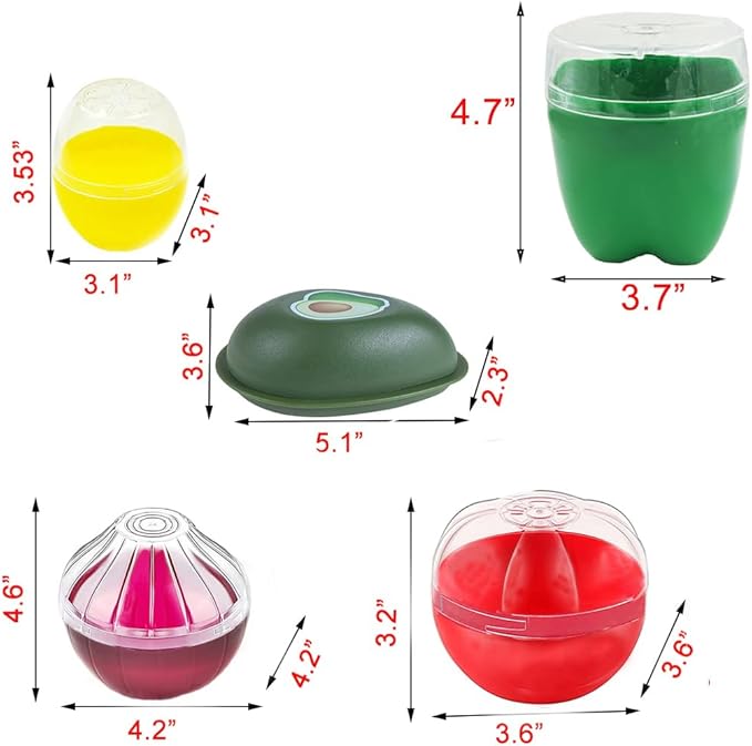 5 Pieces Fruit and Vegetable Shaped Savers Keepers Storage Containers for Fridge, Avocado Green Pepper Tomato Lemon and Onion Keeper/Saver/Holder, Refrigerator Vegetable Crisper