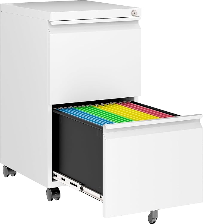 SISESOL Assembled 2 Drawer File Cabinet on Wheels,Metal Filing Cabinet with Lock,White Rolling File Cabinets,Under Desk Office Cabinets for Home Office,Fit A4/Letter/Legal,Pre-Assembled Except Caster