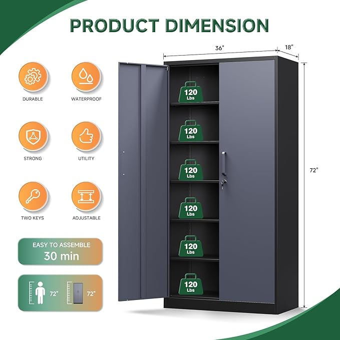 Letaya Metal Storage Cabinet with Lock Door and 5 Shelves,6 Tier Steel Garage Tool Cabinet for Home Office Utility Room 72" H X 36" W X18 D (Black Gray)