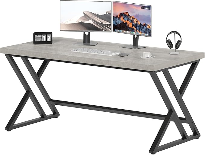 LVB Grey Computer Office Desk, Industrial Wood PC Gaming Gray Desk for Home Office, Modern Wooden Metal Study Work Bedroom Table, Farmhouse Executive Writing Desk with Storage, 55 Inch, Light Grey Oak