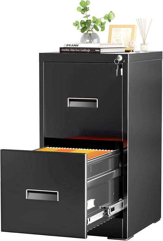 INTERGREAT 2 Drawers File Cabinet with Lock, 18" D Metal Black Vertical Filing Cabinet for Hanging Folders, Easy Assemble