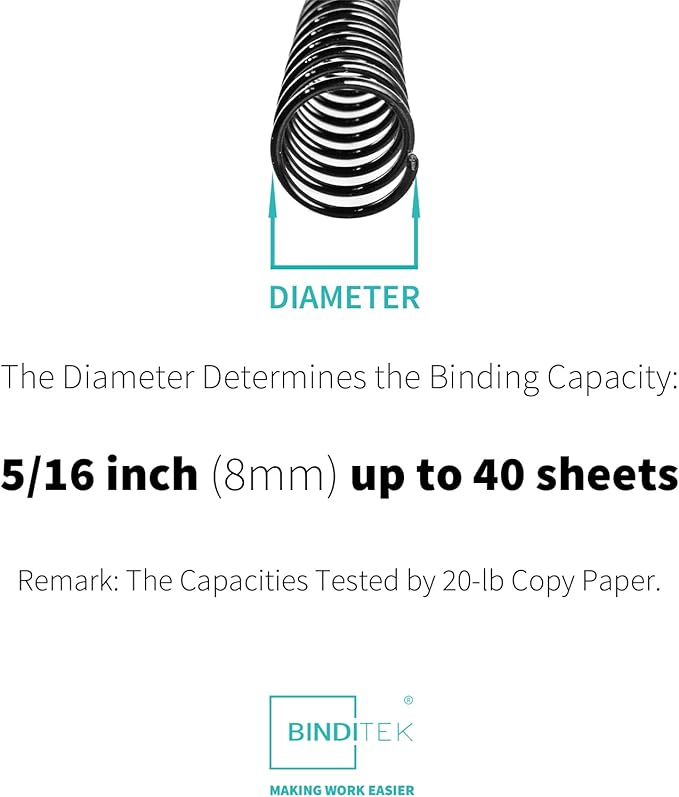 Binditek 100 Pack Plastic Spiral Binding Coils, 8mm(5/16"), 40 Sheet Capacity, 4:1 Pitch, Black, 48Loops, for Letter Size, for Students and Coworkers