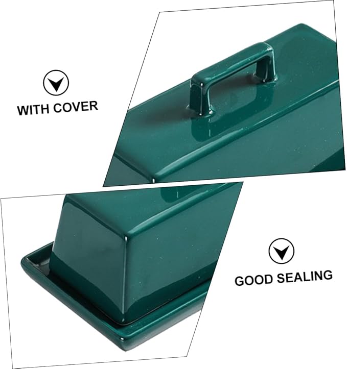 NUOBESTY Ceramic Butter Tray with Lid Multi-function Covered Butter Container for Kitchen Countertop Storage Airtight Green Glossy Suitable for Everyday Meals and Restaurant Use