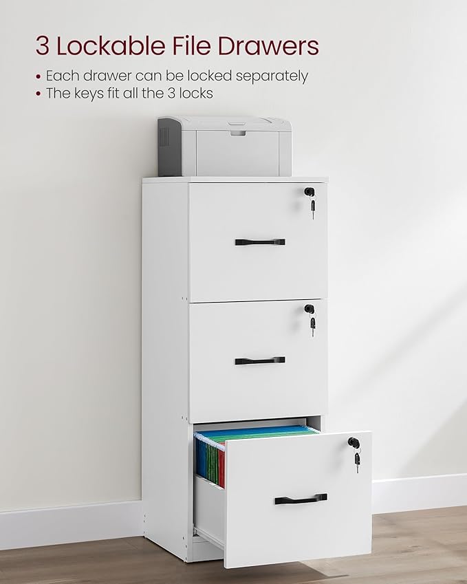 VASAGLE 3 Drawer File Cabinet, File Cabinet with Lock, Printer Stand, Office Filing Cabinet Organizer, for A4 and Letter Size Files, Cloud White UOFC055W14