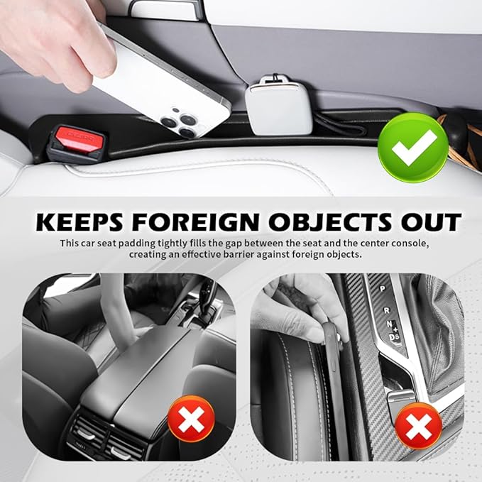 2PCS Car Seat Gap Filler Organizer,3 in 1 Car Seat Side Gap Filler with Hook for Avoiding Dropped Items,Universal No Drop Seats Guard for Filling Gaps 1.37-1.49 Inch Wide (Black)