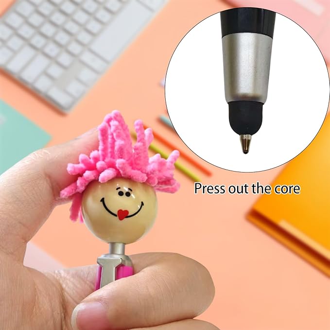 8pcs Mop Head Ballpoint Pens, Funny Mophea Topper Pen with Plush Hair Writing Click Pen Portable Cute Cartoon Multi-function Signing Pens Decor Gift for Office Home Kids and Adultes 8-color outfit