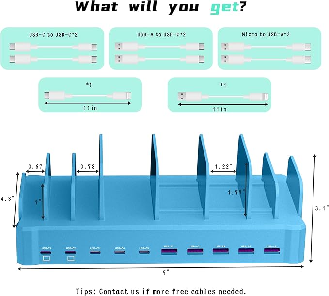 320W Charging Station for Multiple Devices, Zobirez 10-Port USB C Fast Charger Stations for MacBook, iPhone, Android Cell Phone, iPad, Tablet, Family Multi-Device Organizer Charging Dock, Blue