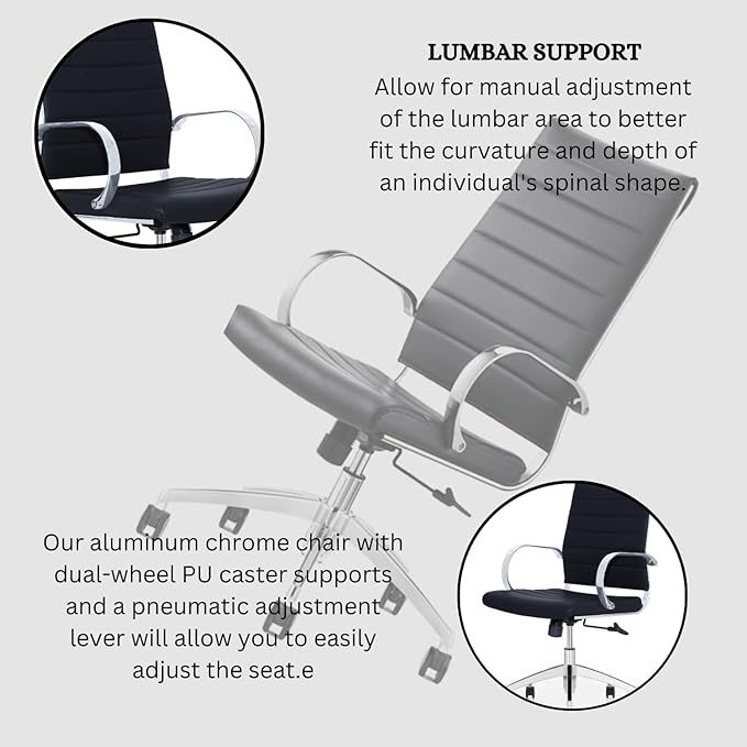 Ribbed High Back Conference Room Chairs - Lumbar Support, Modern Style Executive Chair for Home and Office - 360 Swivel Rolling Wheels - Aluminum Chrome Frame & Base - Black (Pack of 8)