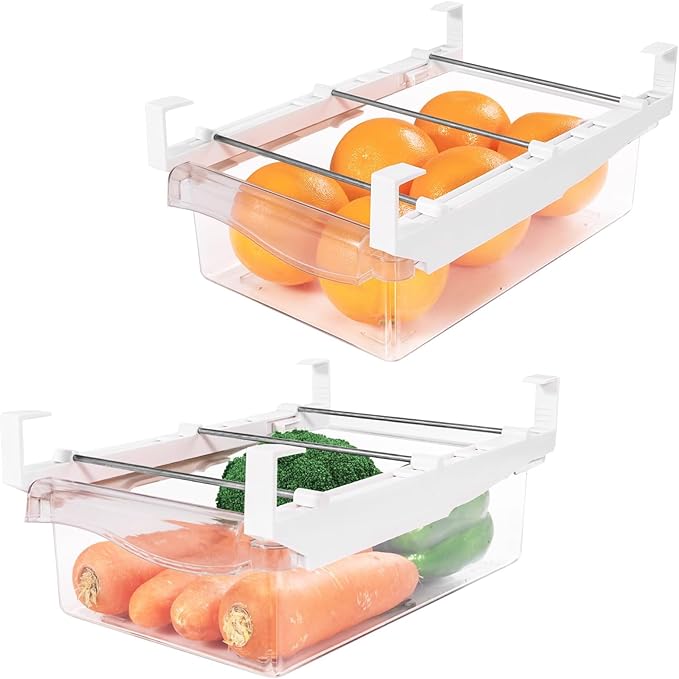 URALFA Fridge Drawer Organizer, Adjustable Refrigerator Drawers for Fruit and Vegetable, Pull Out with Handle, Shelf Holder Storage Box, Fit for Fridge Shelf Under 1.1"