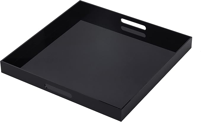 Glossy Black Acrylic Serving Tray with Handles 12x12 Inch -Spill Proof- Decorative Trays Countertop Organizer for Ottoman,Nightstand, Sidetable, Butler (12X12 Inch, Black)