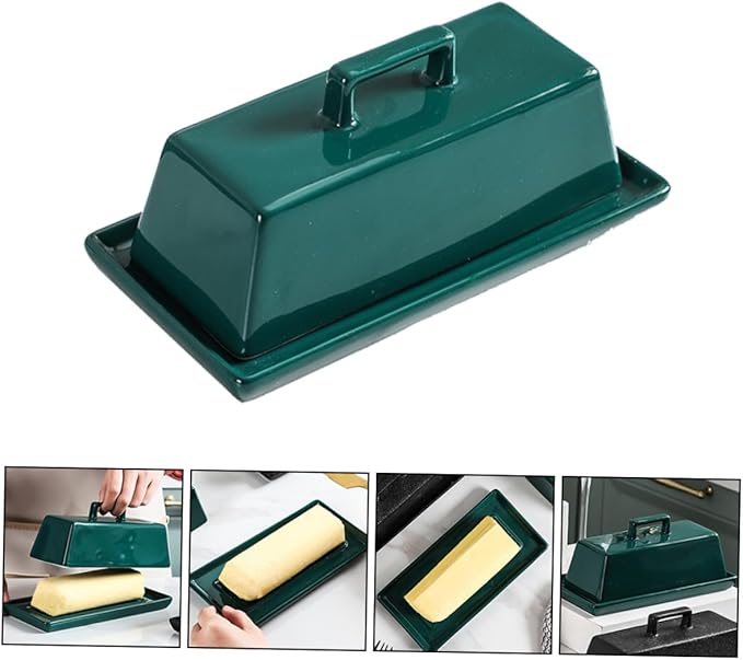 NUOBESTY Ceramic Butter Tray with Lid Multi-function Covered Butter Container for Kitchen Countertop Storage Airtight Green Glossy Suitable for Everyday Meals and Restaurant Use