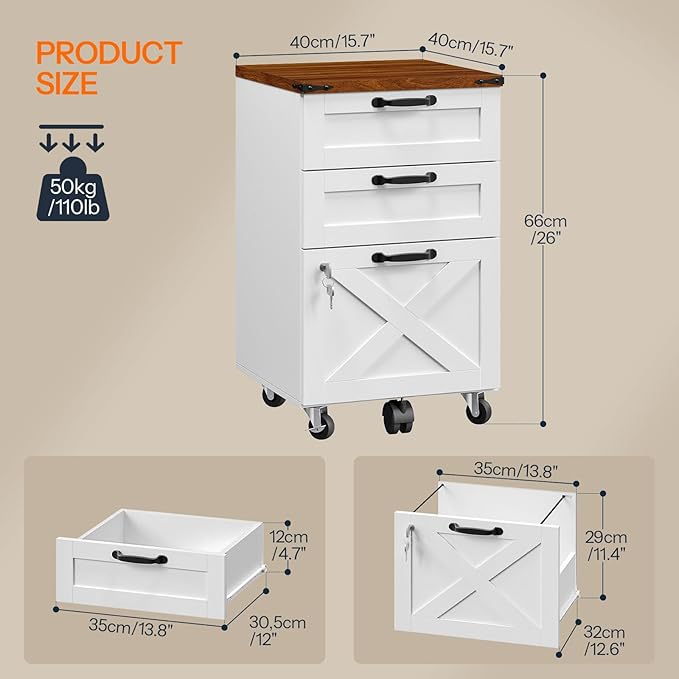 HOOBRO 3 Drawer File Cabinet with Lock, Mobile Farmhouse Filing Cabinet for A4/Letter Size, Under Desk Rolling Office Cabinet, Printer Stand with Storage for Home Office, White and Walnut WH67WJ01
