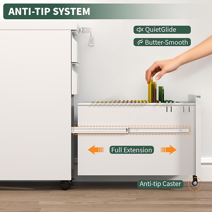 3 Drawer File Cabinet with Lock,Under Desk Rolling Small Filing Cabinet for Home Office Storage, Mobile Steel Cabinets with Wheels, Fully Assembled, White