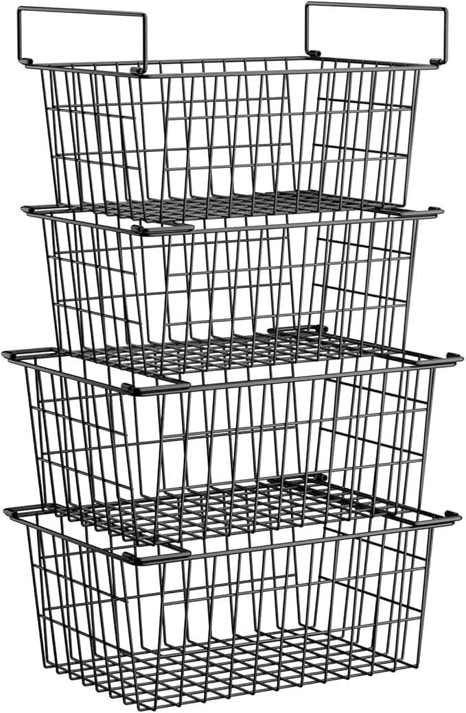 Freezer Organizer Bins, Large Capacity Stackable Baskets for Deep Chest Freezer Easy Get and Sort Bottom Frozen Meats Food Storage Containers Pantry Storage and Organization, 4pcs