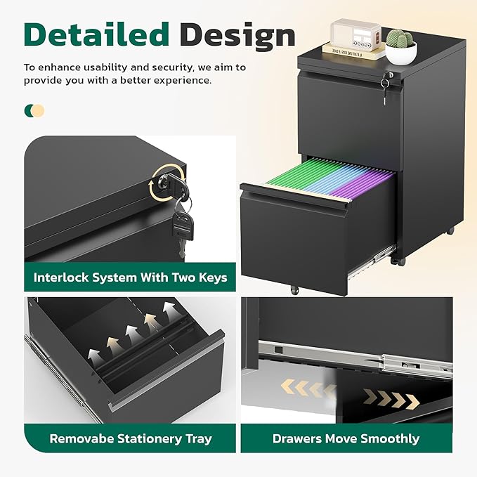 Greenvelly 2 Drawer Mobile File Cabinet with Lock, Metal Filing Cabinet on Wheels, Under Desk File Cabinet for Home Office Organizer Letter/Legal/A4 File (Assembly Required, Black)