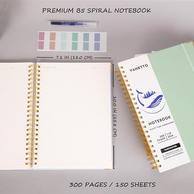 Spiral Notebook, Hardcover B5 College Ruled Notebooks, 300 Pages Notebooks for Work and School, 110 GSM Thick Papers Journals for Writing, Office Supplies for Women and Men Green B5