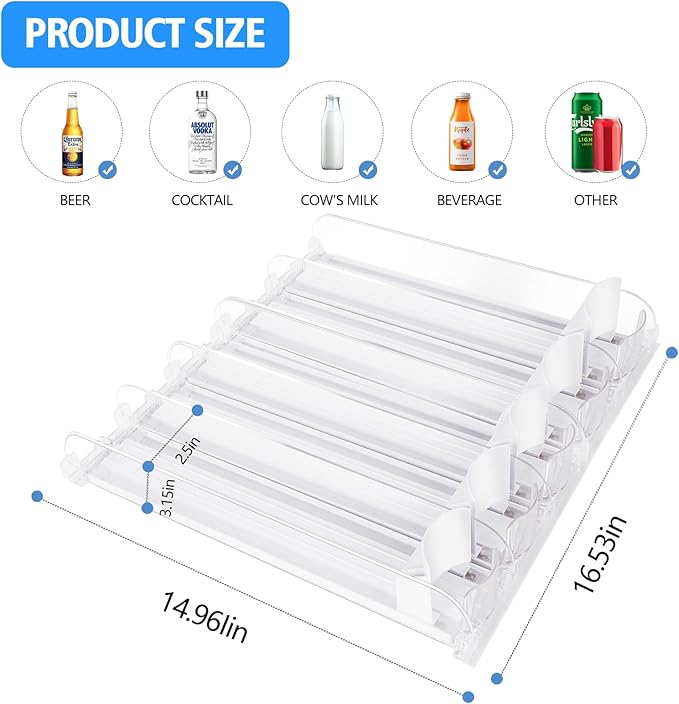 SOLY Drink Organizer for Fridge, Soda Can Dispenser for Refrigerator, Automatic Drink Dispenser Holds 6–20oz, 5 Row, 14.96" Deep