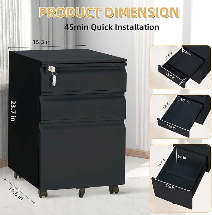 Garvee Mobile Filing Cabinet 3 Drawer,Under Desk File Cabinet with Lock & Anti-Tip Wheel, Metal Rolling Filing Cabinets for Home Office Organizer,a4/Letter/Legal Hanging File Folders