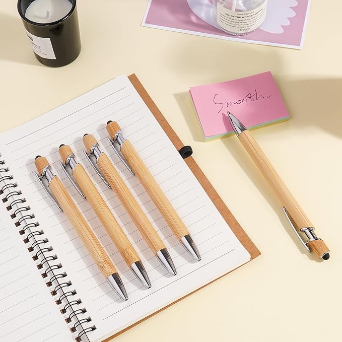 Personalized Pen Customizable Bamboo Pen with Stylus -Custom Text Logo Name Ballpoint Pens with Black Ink-Personalized Gift Ideas for School Office Business Home(50 Count/Pack)