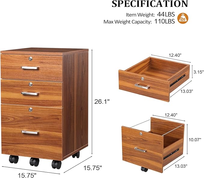 VINGLI 3-Drawer File Cabinet with Lock, Wood Rolling Filing Cabinets for Home Office, Mobile Printer Stand, Under Desk File Organizer for Letter Sized Files, 26" H(Caster Included), Walnut