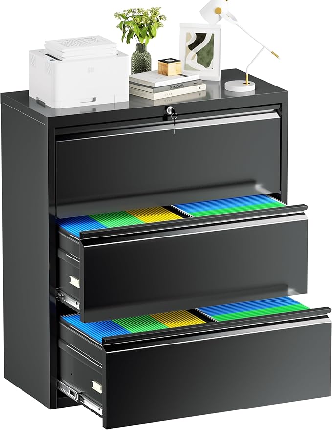 Bonusall 3 Drawer Lateral File Cabinet with Lock, Locking Metal lateral Filing Cabinet for Office Steel lateral File Cabinet, Large Horizontal File Cabinet Locked by Keys-Black