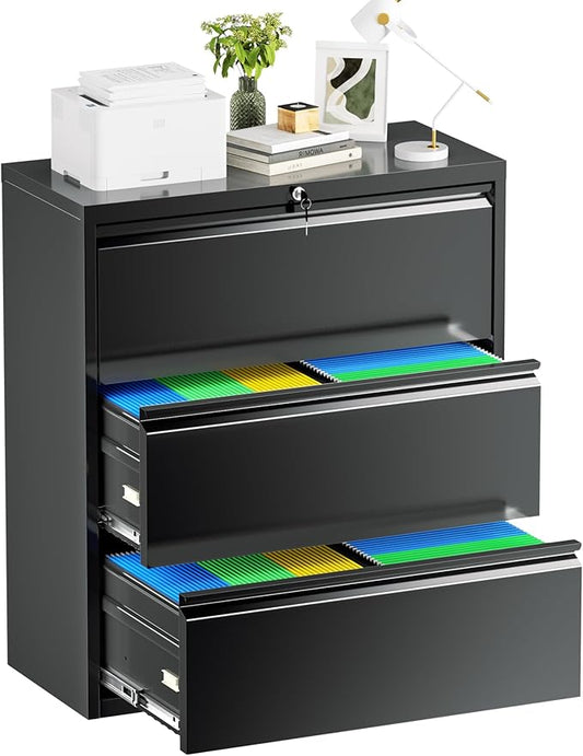 Bonusall 3 Drawer Lateral File Cabinet with Lock, Locking Metal lateral Filing Cabinet for Office Steel lateral File Cabinet, Large Horizontal File Cabinet Locked by Keys-Black