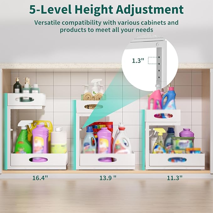 Under Sink Organizer, Extra-Wide Upgrade, 1 Pack 2 Tier Metal Slide Out Cabinet Organizer, Height Adjustable Organization and Storage Series, Bathroom/Cabinet/Kitchen organization, White