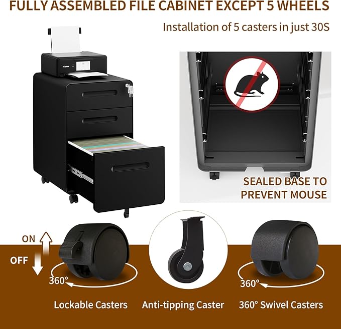 3 Drawer File Cabinet with Lock and 4 Keys, Mobile Metal Filing Cabinet, File Cabinets for Home Office, Under Desk, Pre-Assembly, File Drawer, Letter/Legal/A4 Hanging File Folders