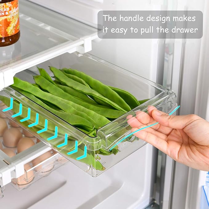 URALFA Fridge Drawer Organizer, Adjustable Refrigerator Drawers for Fruit and Vegetable, Pull Out with Handle, Shelf Holder Storage Box, Fit for Fridge Shelf Under 1.1"