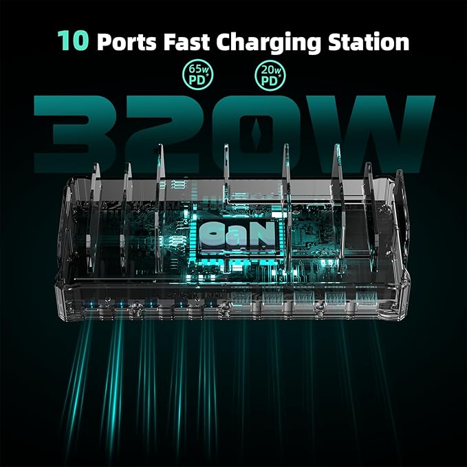320W Charging Station for Multiple Devices, Zobirez 10-Port USB C Fast Charger Stations for MacBook, iPhone, Android Cell Phone, iPad, Tablet, Family Multi-Device Organizer Charging Dock, Blue