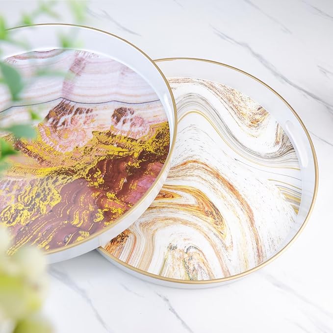 Round Black Marbling Decorative Tray with Handles, 13" Morden Plastic Serving Tray for Coffee Table Bathroom, Ottoman, Home Decor