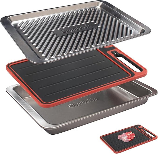 Prep and Serve Sets of 3PCS - Stainless Steel Container for Marinades, Stainless Steel Serving Tray, 2-in-1 Aluminum Defrosting Tray with Plastic Cutting Board, The BBQ Food Prep Grill Set
