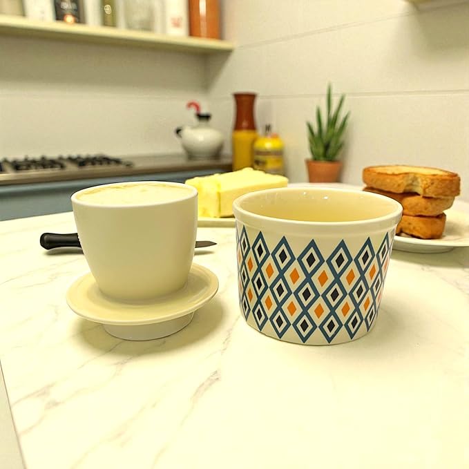 Butter Crock with Lid for Countertop, Butter Keeper Crock with Water, French Butter Dish Ceramic, Butter Holder with Lid for Spreadable Butter, Butter Container for Counter (Retro Diamond, Ivory)