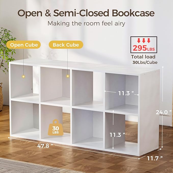 COMHOMA 8 Wood Cube Storage Organizer with Open Back and Removable Back Panels, 11In White Cube Storage Bookshelf, Cubicle Shelf Bookcase for Home Office Bedroom Living Room, Vertical or Horizontal