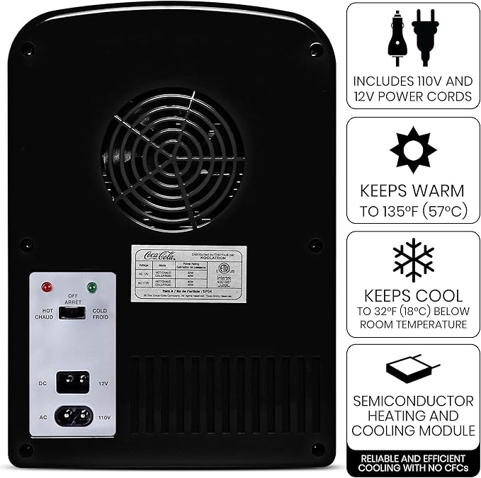 Coca-Cola Zero CZ04 4 Liter/4.2 Quarts 6 Can Portable Cooler/Mini Fridge, Beverages, Baby Food, Skincare and Medications-Use at Home, Office, Dorm, Car, RV or Boat-AC & DC Plugs Included, Black/Red