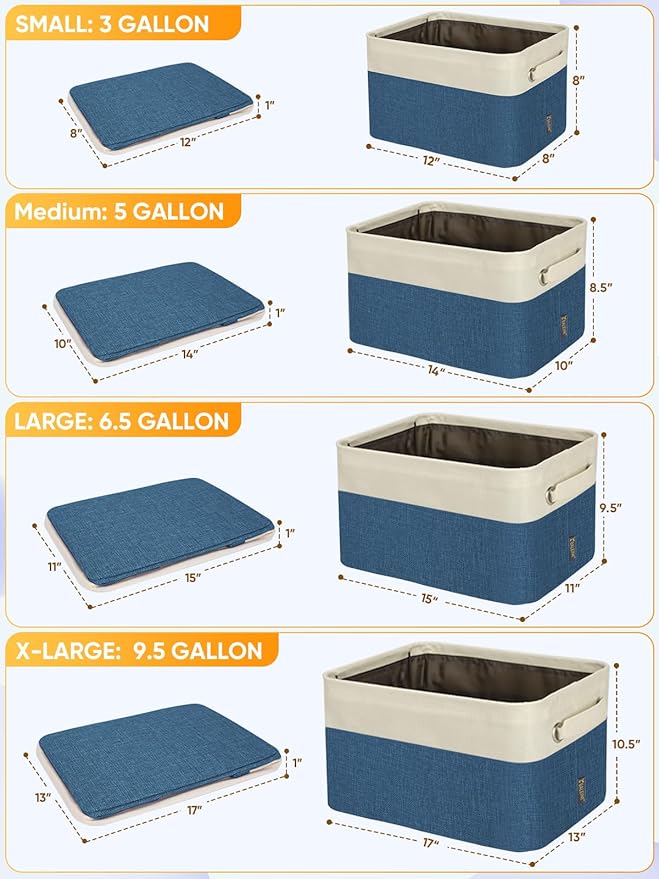 BALEINE 3 Pack Fabric Storage Bins for Shelves, Linen Storage Baskets for Organizing, Decorative Closet Bins for Clothes, Home (Navy Blue, 17''x13''x10.5'')