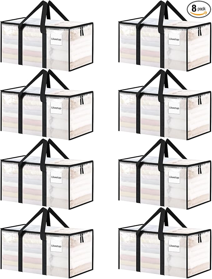 8 Pack Extra Large Heavy Duty Moving Bags, Clear Storage Bins with Lids, Reinforced Handles & Heavy-Duty Zippers Moving Boxes Storage Bags Totes for Clothes Packing, Dorms, College Supplies, Clear